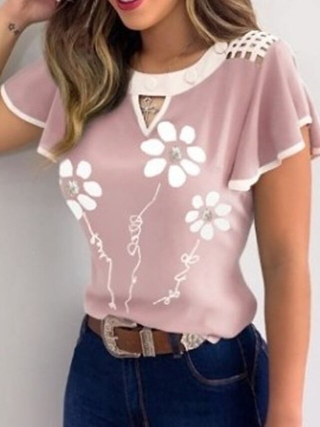  Women's T-shirt Floral Graphic Prints Flower Print Round Neck Tops Basic Basic Top Purple Blushing Pink Gray