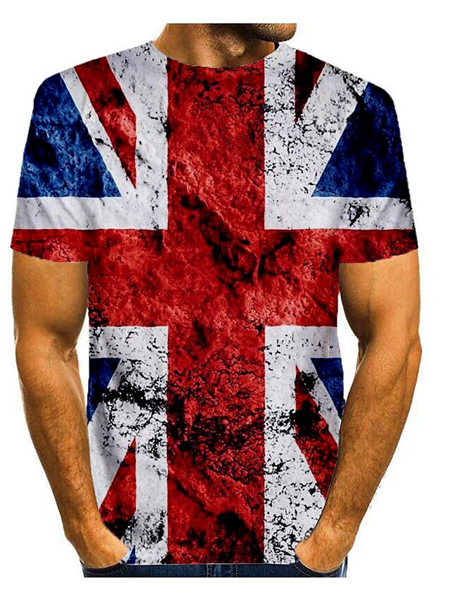  Flag British Mens 3D Shirt | Red White Blue Summer Cotton | Men'S Tee Graphic National Round Neck Navy Daily Short Sleeve Print Clothing Apparel