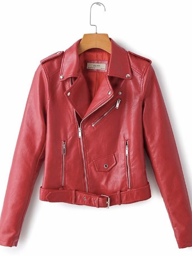  Mujer Un Color Invierno Chaqueta de cuero Corto Diario Manga Larga Poliuretano Abrigo Tops Rojo