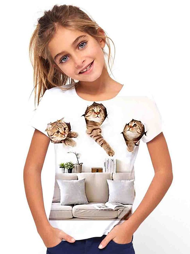  Kids Girls' T shirt Tee Short Sleeve Cat Animal Print White Children Tops Basic Holiday Cute