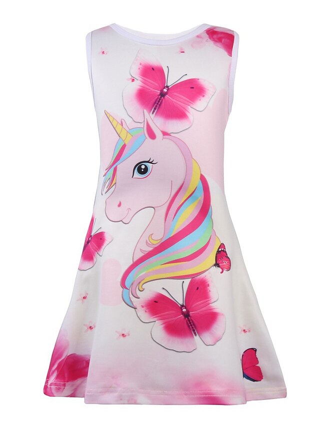  Kids Girls' Unicorn Dress Cartoon Tank Dress Print Blushing Pink Knee-length Sleeveless Sweet Boho Dresses