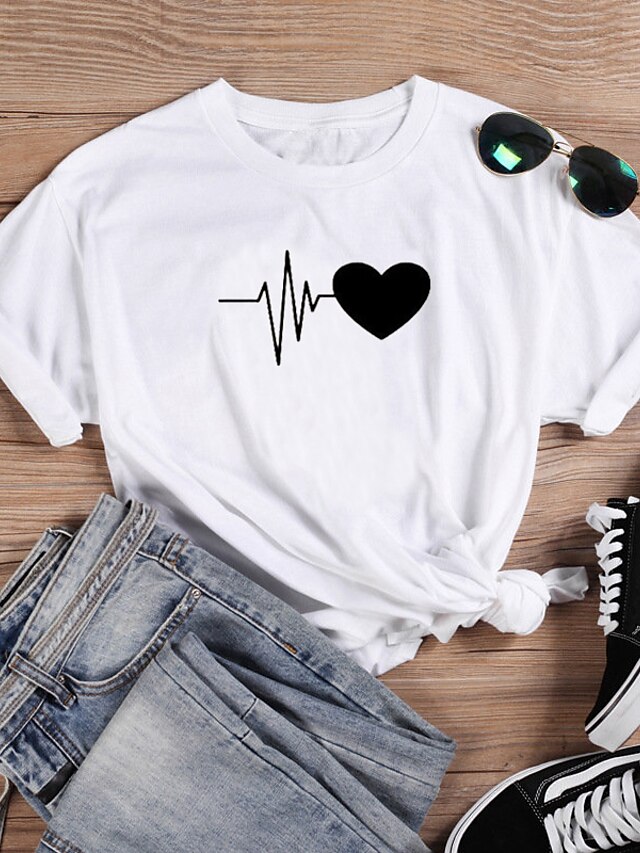  Women's T shirt Graphic Heart Text Print Round Neck Basic Tops 100% Cotton White Black Red