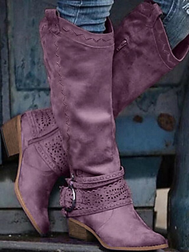  Dame Støvler Cowboy Western støvler Komfort Sko Daglig Ensfarvet Knæhøje Støvler Kraftige Hæle Spidstå Årgang Britisk PU Lynlås Lys pink Brun Kakifarvet