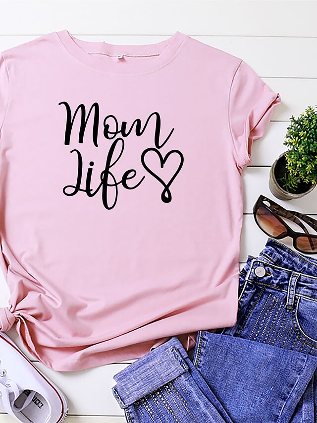  Women's Mom T shirt Graphic Text Letter Print Round Neck Basic Tops 100% Cotton White Yellow Blushing Pink