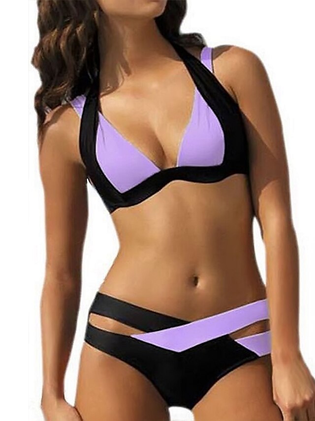  Women's Bikini Swimsuit Push Up Color Block Lilac Swimwear Halter Neck Bathing Suits / Padded Bras