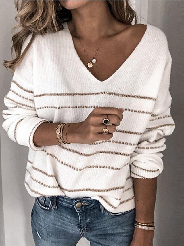  Women's Pullover Sweater Jumper Ribbed Knit Knitted V Neck Striped Daily Going out Basic Stylish Winter Fall White S M L / Long Sleeve / Casual / Loose Fit