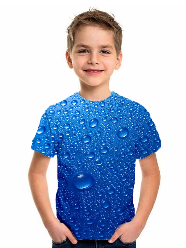  Barn Gutt T skjorte T-skjorte Kortermet 3D Print Fargeblokk Geometrisk Trykt mønster Blå Barn Topper Sommer Grunnleggende Ferie Gatemote