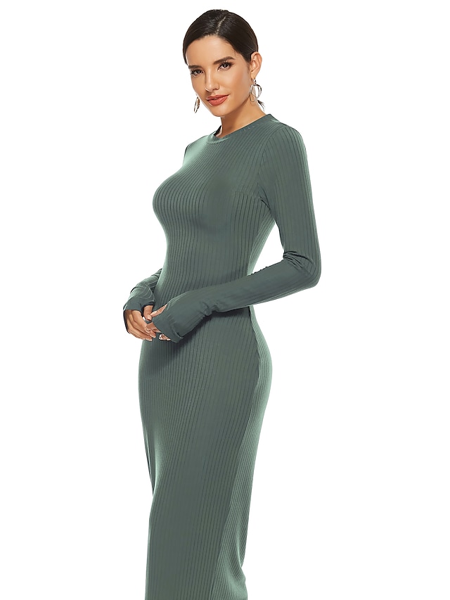  Mujer Vestido de Vaina Vestido largo maxi Negro Verde Ejército Azul Marino Manga Larga Color sólido Otoño Primavera Escote Redondo caliente Elegante Casual 2021 S M L XL