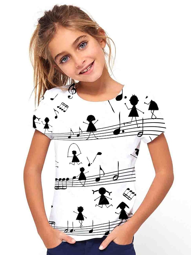  Børn Pige T-shirt Kortærmet Geometrisk Trykt mønster Hvid Børn Toppe Basale Ferie