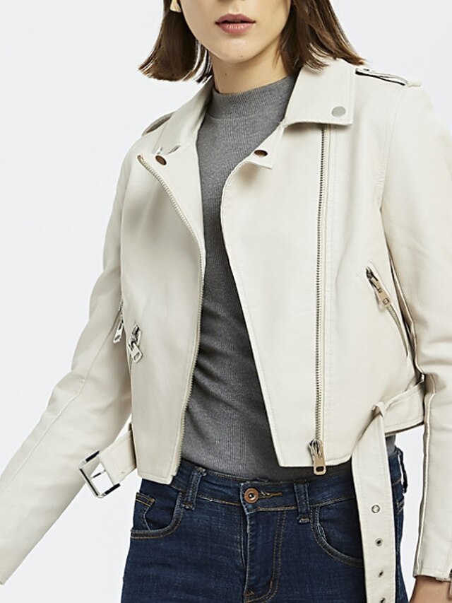  Women's Solid Colored Spring &  Fall Notch lapel collar Faux Leather Jacket Regular Daily Long Sleeve PU Coat Tops White