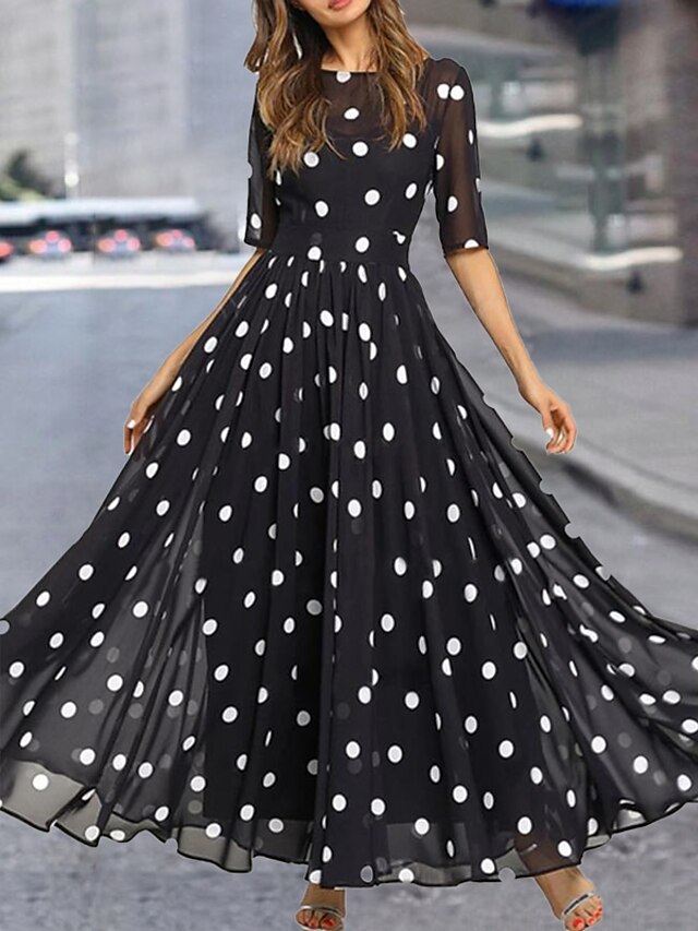  Women's Chiffon Dress Maxi long Dress Black Half Sleeve Polka Dot Print Fall Spring Round Neck Hot Casual 2021 XL XXL 3XL