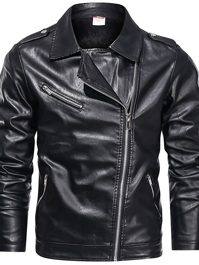  Men's Geometric Print Fall & Winter Faux Leather Jacket Regular Daily Long Sleeve PU Coat Tops Black