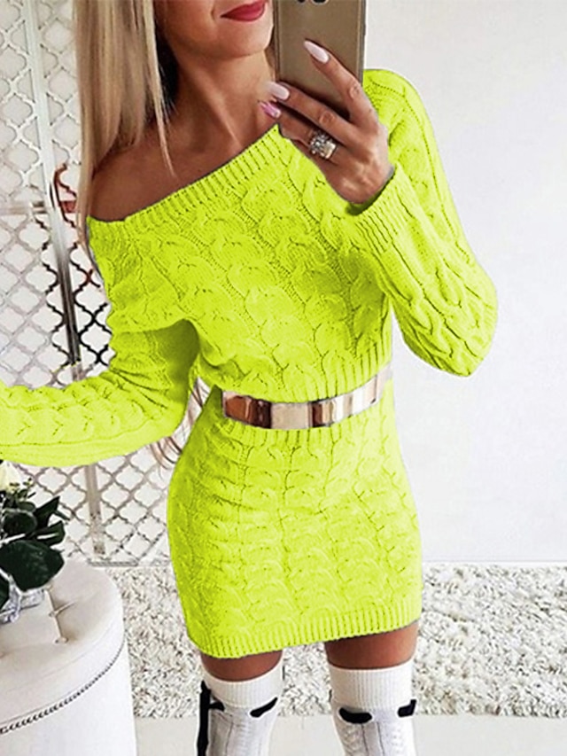  Women's Sweater Dress Short Mini Dress Green Long Sleeve Solid Color Knitted Fall Winter Off Shoulder Hot Sexy Slim 2022 S M L XL