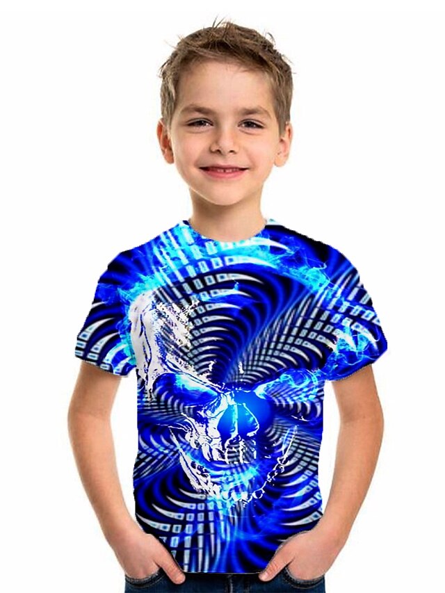  Infantil Para Meninos Camisa Camiseta Manga Curta Geométrica Estampado Azul Crianças Blusas Verão Básico Férias