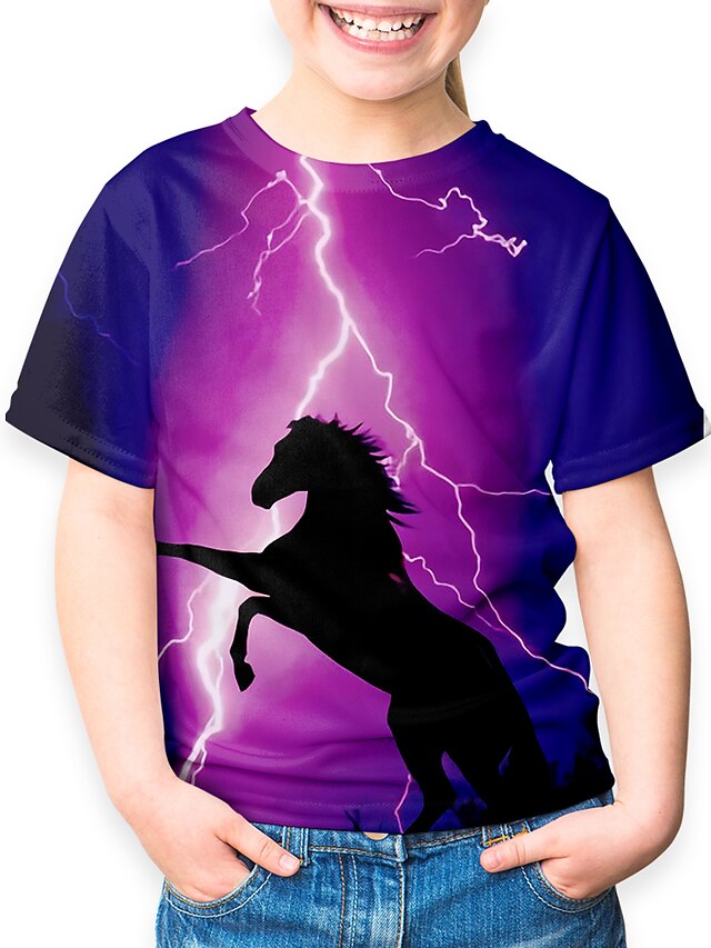  Kids Girls' T shirt Tee Short Sleeve Horse Animal Print Purple Children Tops Basic Holiday