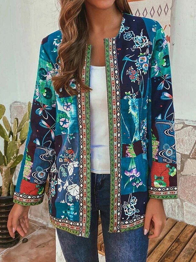  Women's Coat Geometric Floral Ethnic Style Fall Spring Coat Regular Coat Daily Long Sleeve Jacket Blue / Holiday / Work