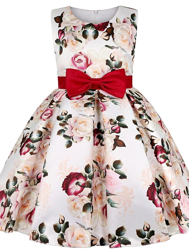  Kids Little Dress Girls' Floral Bow Beige Knee-length Sleeveless Sweet Dresses