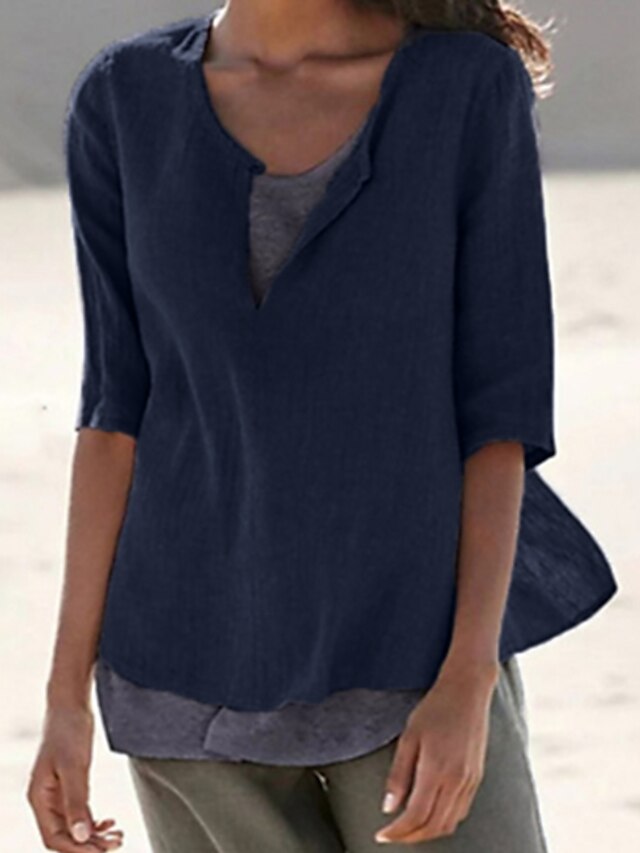  Women's Shirt Blouse Solid Colored Blue Light Grey Light Blue Half Sleeve Daily Hawaiian Basic Beach Round Neck Loose Fit