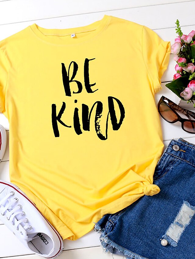  Women's T shirt Tee White Yellow Light Green Print Graphic Letter Daily Weekend Short Sleeve Round Neck Basic 100% Cotton Regular Be kind S