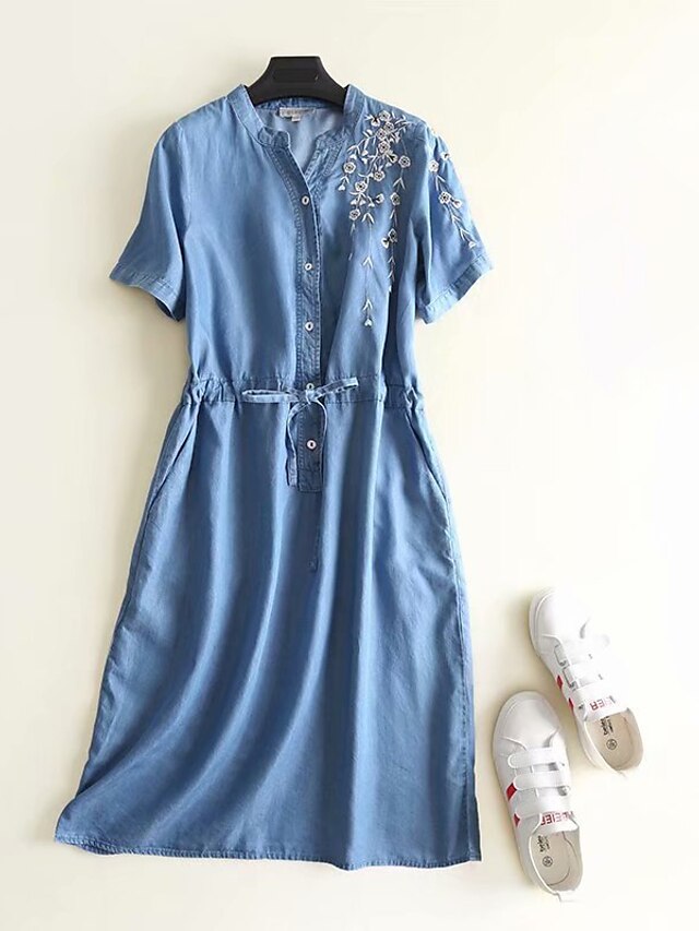  Women's A Line Dress Midi Dress Blue Short Sleeve Geometric Embroidered Summer V Neck Casual Cotton 2021 M L