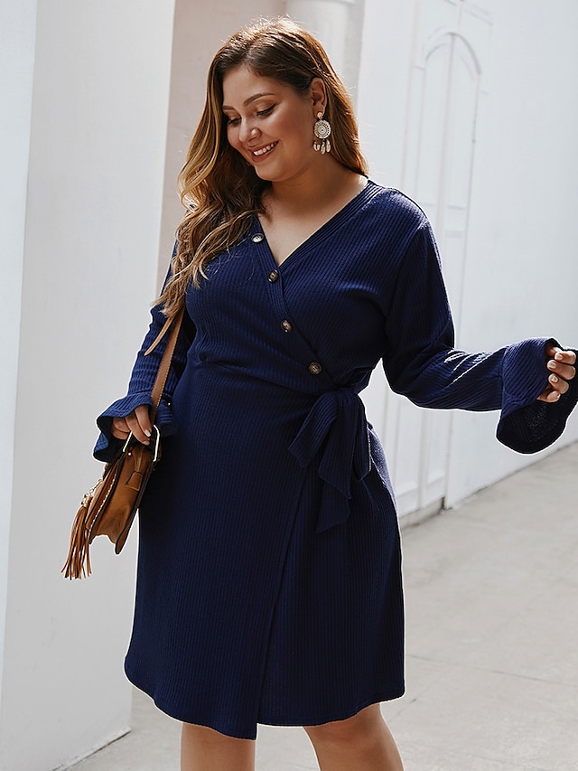  Women's Swing Dress Knee Length Dress Navy Blue Long Sleeve Solid Color Fall Winter V Neck Casual Flare Cuff Sleeve 2021 XL XXL 3XL / Plus Size