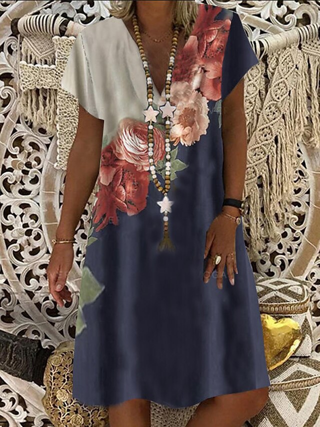  Damen Etuikleid Knielanges Kleid Blau Kurzarm Blumen Bekleidung Sommer V-Ausschnitt heiß Freizeit Urlaubskleider 2021 M L XL XXL 3XL