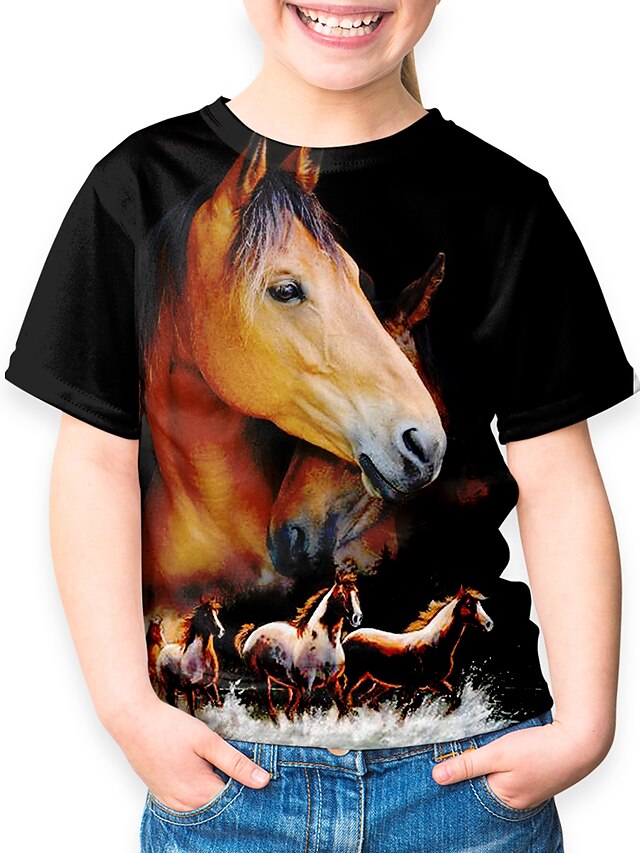  Børn Drenge T-shirt Kortærmet Hest enhjørning Dyr Trykt mønster Sort Børn Toppe Sommer Basale Ferie Sød Stil
