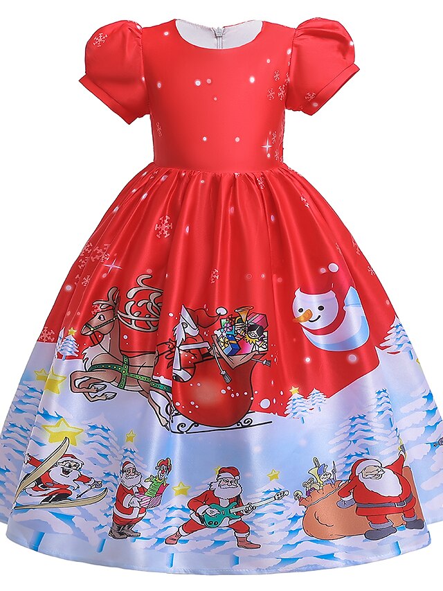  Kids Little Dress Girls' Cartoon Snowflake Santa Claus Snowman Christmas Gifts Print Red Maxi Short Sleeve Cute Dresses Christmas Slim