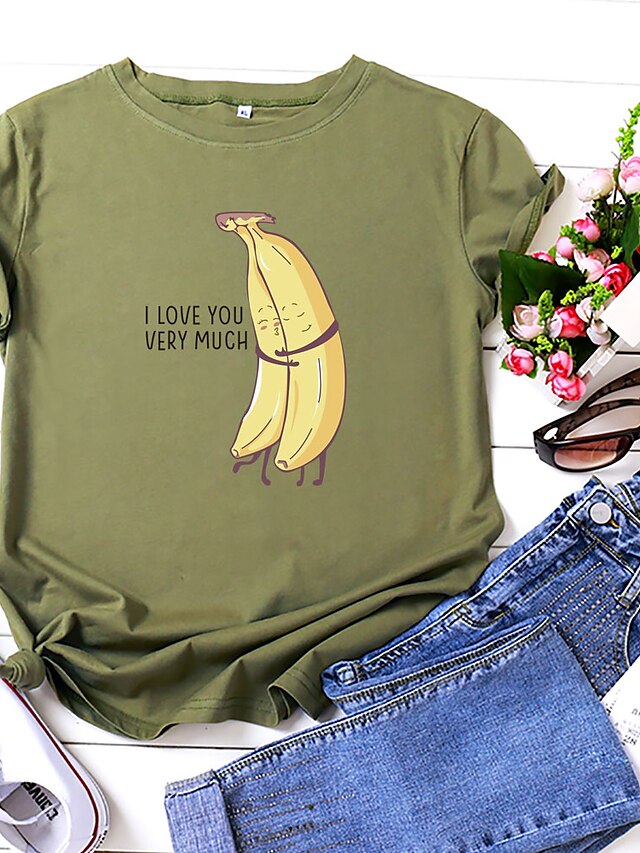  Women's T shirt Graphic Text Fruit Print Round Neck Basic Tops 100% Cotton White Black Yellow