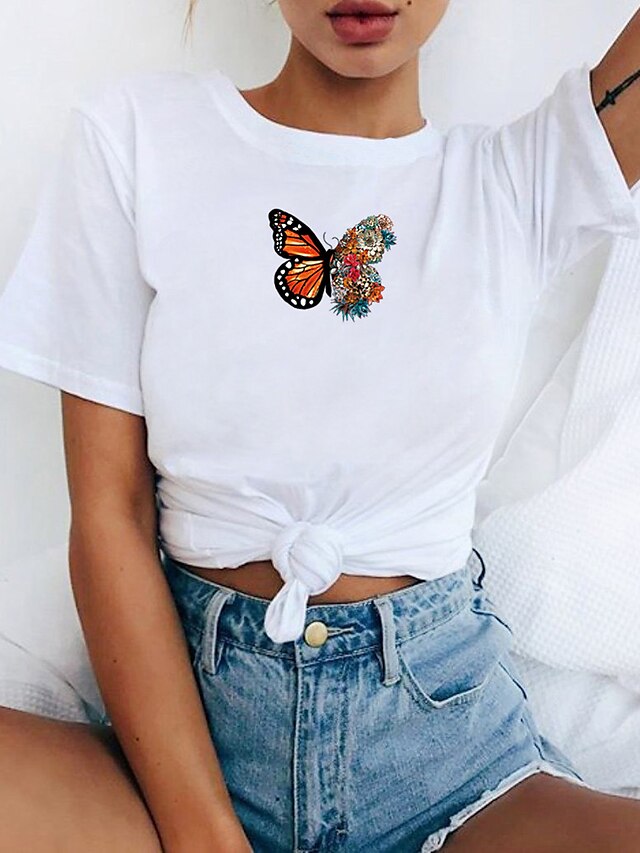  Damen T-Shirt Schmetterling Grafik-Drucke Druck Rundhalsausschnitt Grundlegend Oberteile 100% Baumwolle Weiß Gelb Rosa