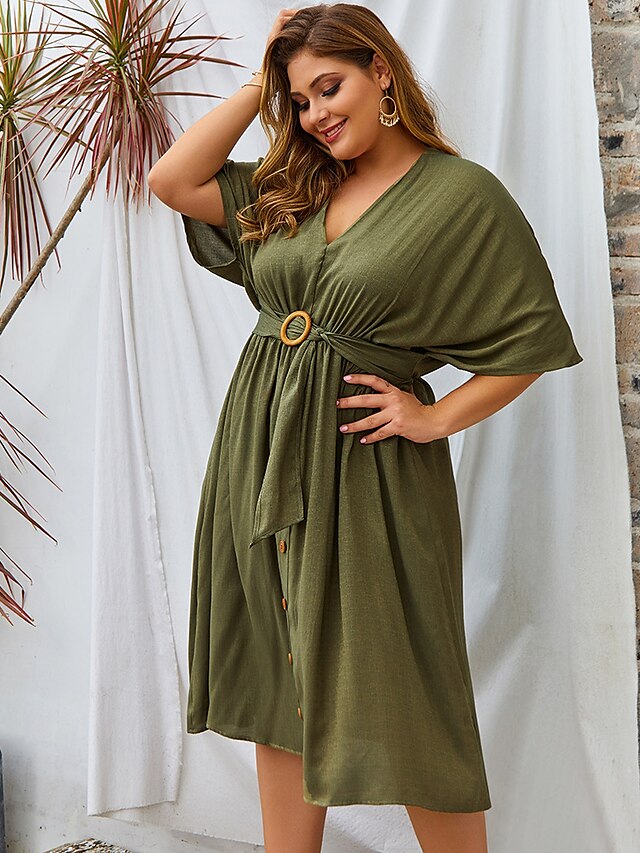  Women's Swing Dress Knee Length Dress Black Blushing Pink Army Green Half Sleeve Solid Color Spring Summer V Neck Casual 2021 XL XXL 3XL 4XL / Plus Size