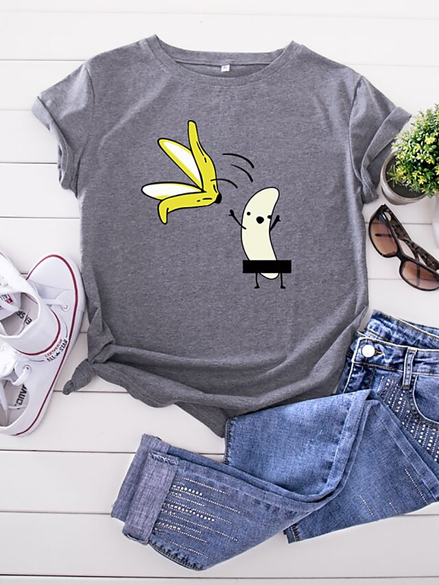  Women's T shirt Fruit Print Round Neck Basic Tops 100% Cotton White Black Yellow