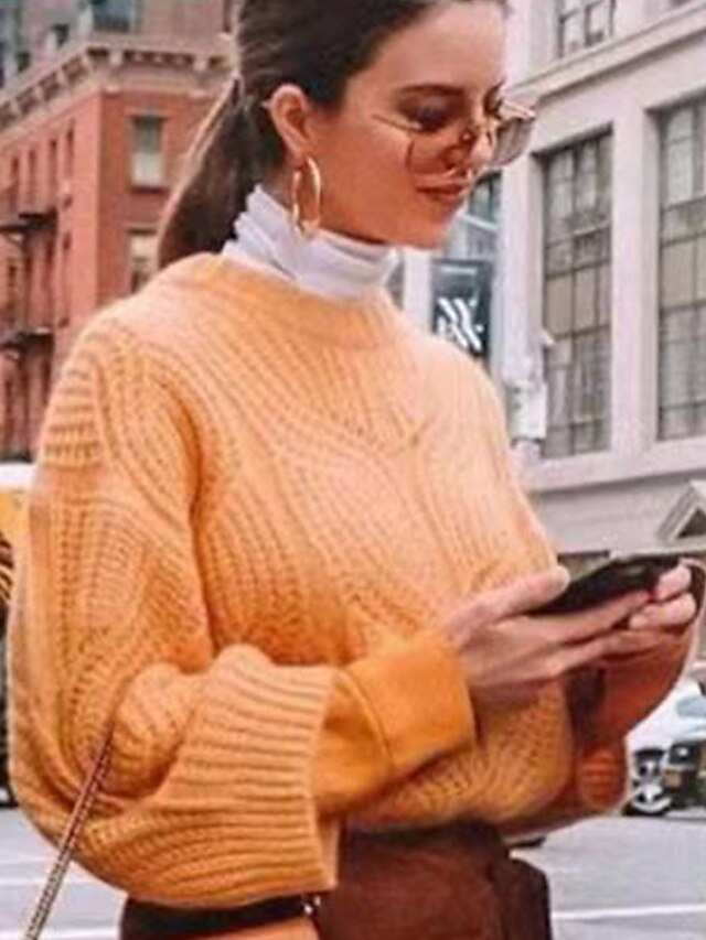  Women's Solid Colored Pullover Long Sleeve Sweater Cardigans Crew Neck Round Neck Orange