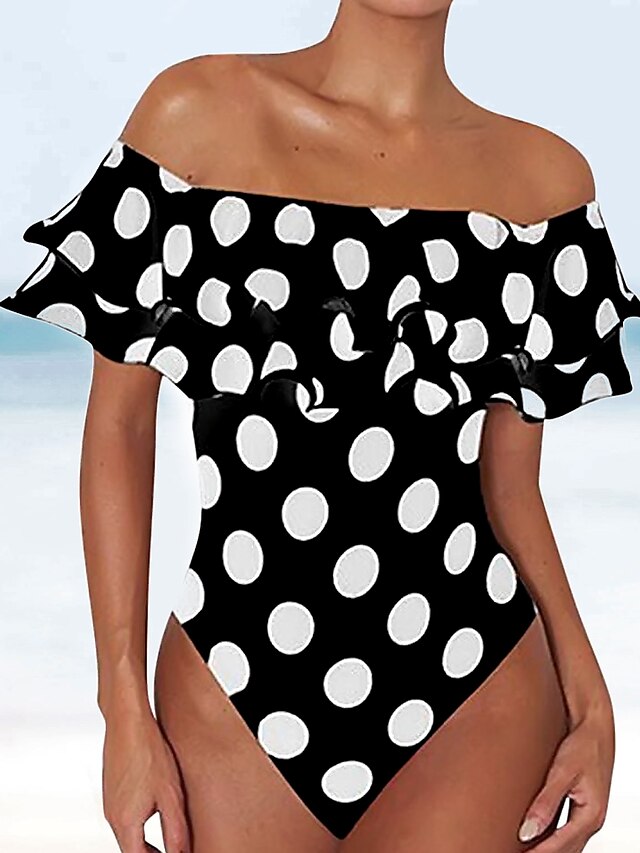  Women's Vintage Tankini Swimsuit Tummy Control Ruffle Slim Padded Plus Size Swimwear Bathing Suits White Black / One Piece
