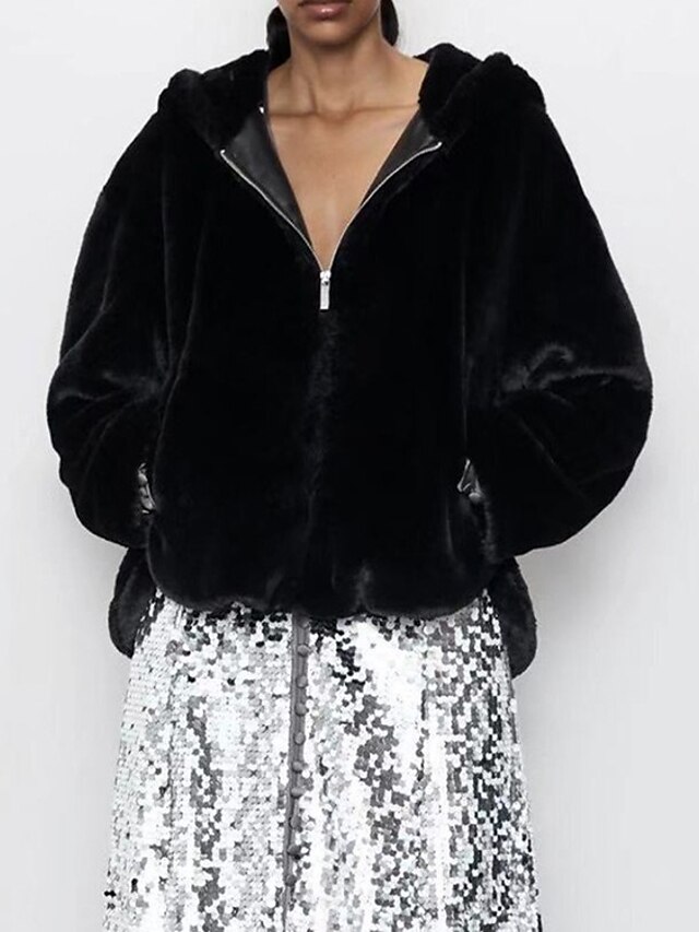  Women's Solid Colored Fall & Winter Teddy Coat Regular Daily Faux Fur Coat Tops Black