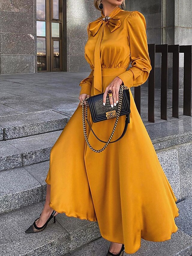  Women's Sheath Dress Maxi long Dress Yellow Black Red Long Sleeve Ruched Bow Summer Round Neck Hot Casual Slim 2021 S M L XL