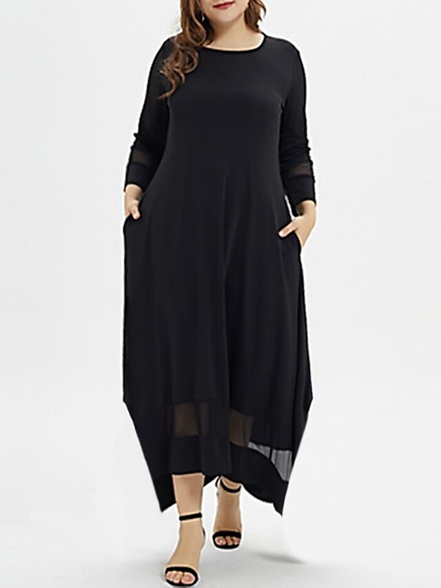  Women's Plus Size Solid Colored A Line Dress Round Neck Long Sleeve Casual Fall Summer Maxi long Dress Dress