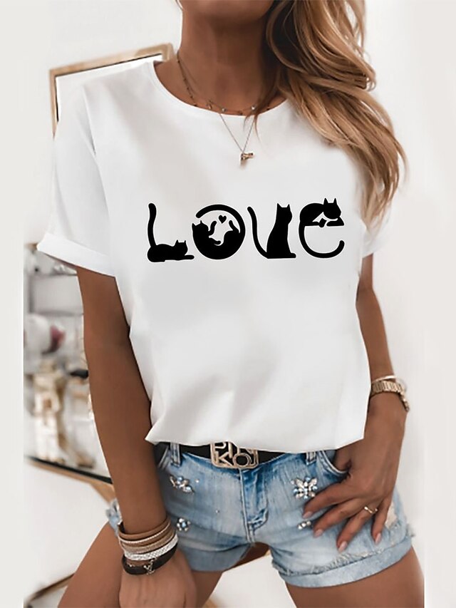  Dame T-shirt Grafiske tryk Kærlighed Printer Rund hals Toppe 100 % bomuld Grundlæggende top Hvid