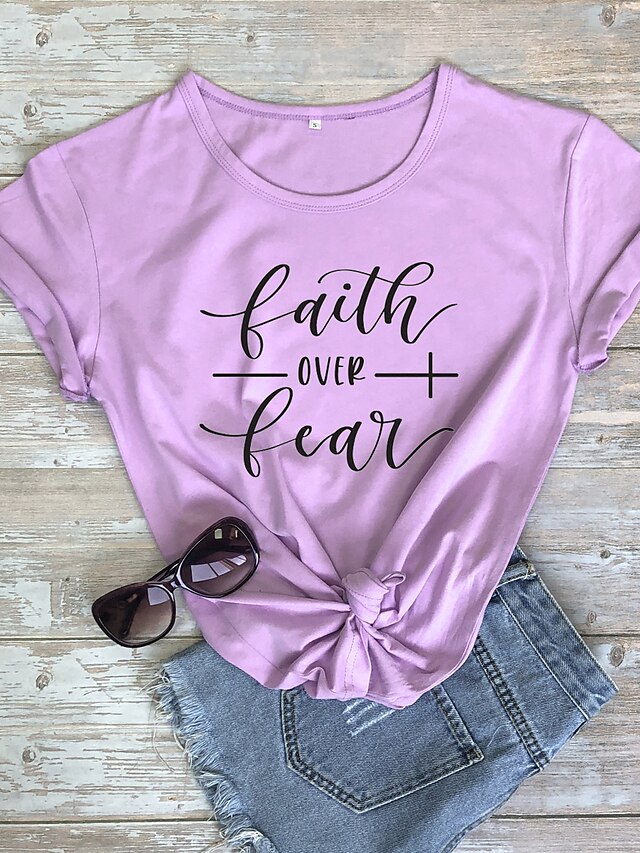  Women's Faith T shirt Graphic Text Graphic Prints Print Round Neck Basic Tops 100% Cotton White Black Purple