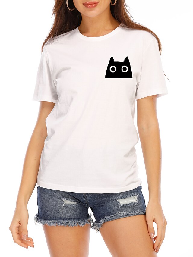  Mulheres Camiseta Castanho Escuro Gato Gato branco 3D Imprimir Gráfico Gato Diário Manga Curta Decote Redondo Básico S