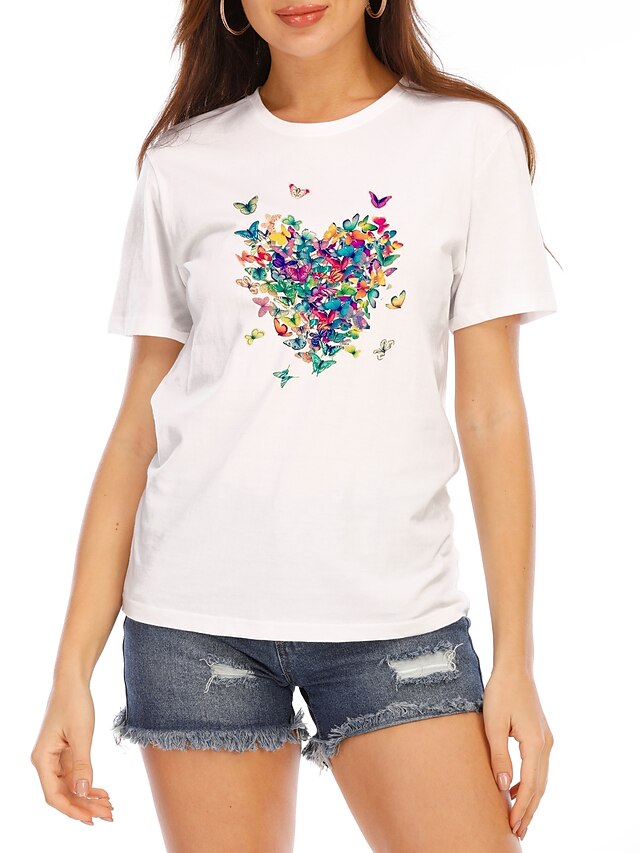  Women's T shirt Butterfly Heart Graphic Prints Round Neck Tops 100% Cotton White