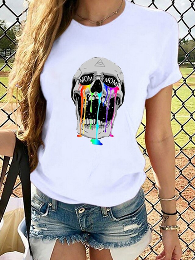  Women's T shirt Graphic Prints Skull Printing Round Neck Tops 100% Cotton White