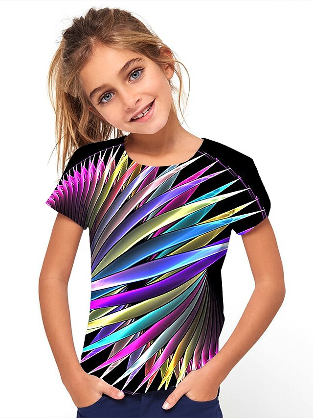  Niños Chica Camiseta Manga Corta Jacquard de impresión en 3D Bloques Arco Iris Niños Tops Básico Vacaciones Chic de Calle Verano Bebé / Deportes