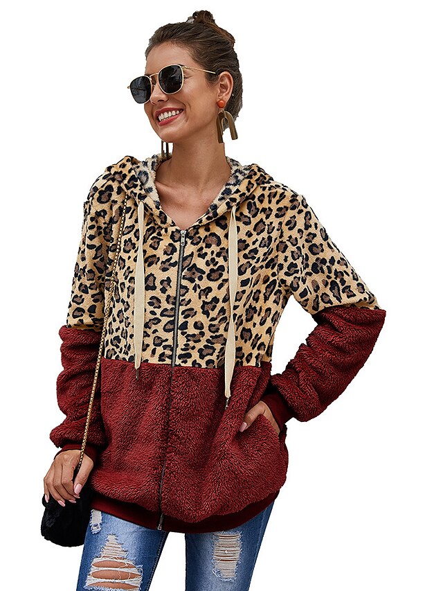  Women's Hoodie Zip Hoodie Sweatshirt Teddy Coat Pullover Leopard Cheetah Print Hooded Daily Casual Sherpa Fleece Teddy Clothing Apparel Hoodies Sweatshirts  Loose Fit Wine Army Green