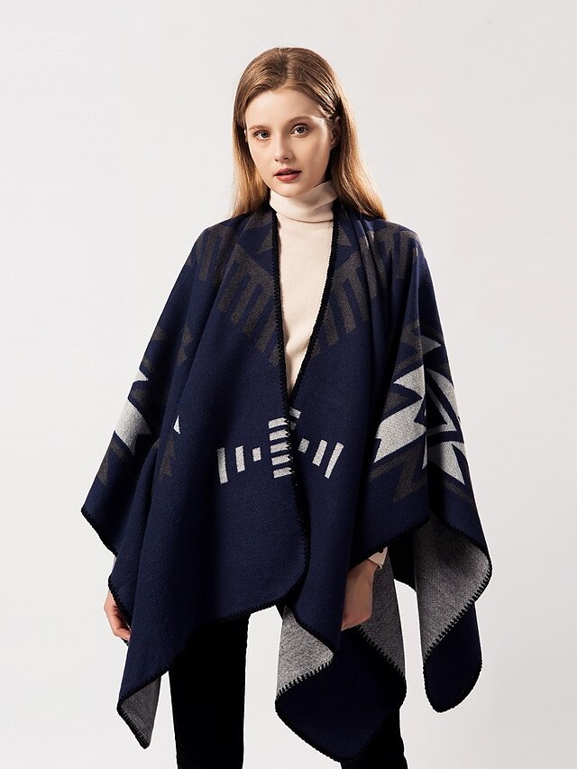  Women's Geometric Jacquard Basic Spring Cloak / Capes Regular Daily Acrylic Coat Tops Black