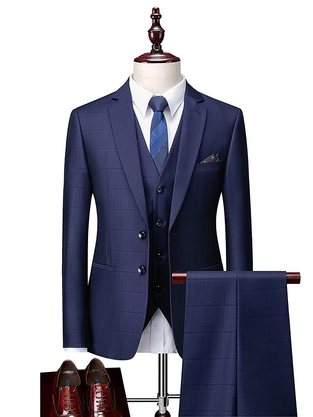  Black / Navy Blue Solid Colored Regular Fit Cotton / Polyester Men's Suit - Notch lapel collar