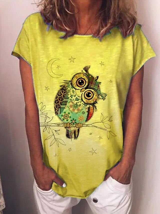  Women's T shirt Animal Print Round Neck Basic Tops Yellow Light Green