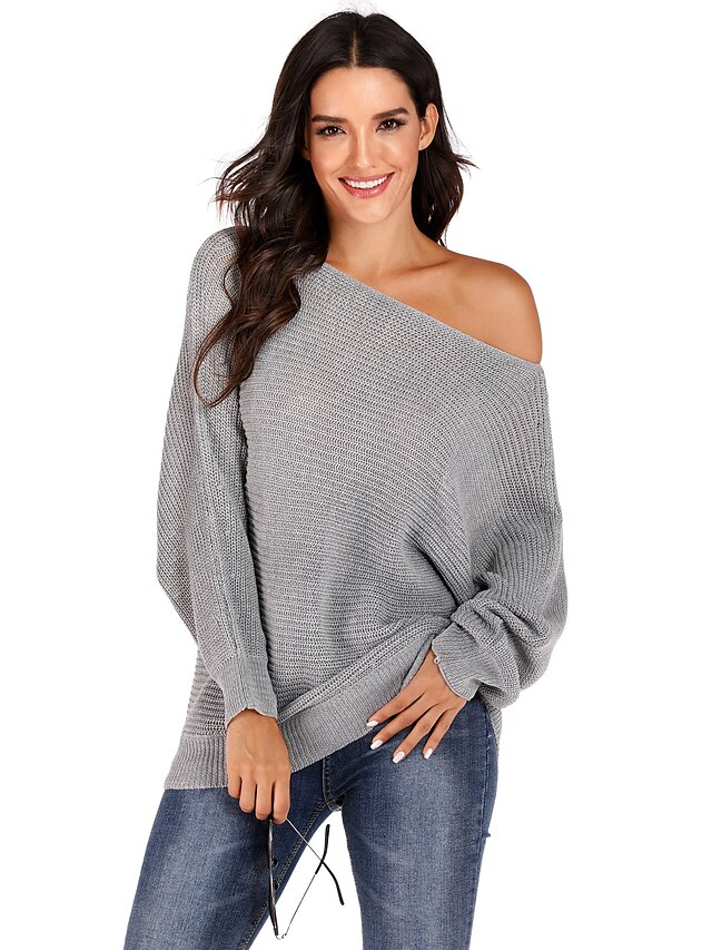  Women's Solid Colored Pullover Long Sleeve Sweater Cardigans Off Shoulder Fall Winter White Black Wine