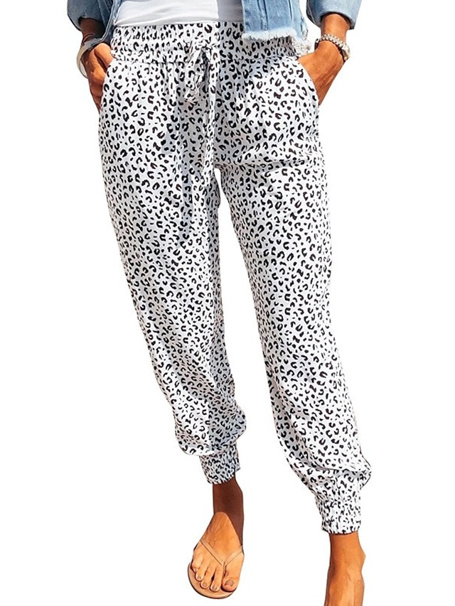 Women's Basic Jogger Chinos Comfort Daily Slim Pants Ankle-Length Leopard High Waist White