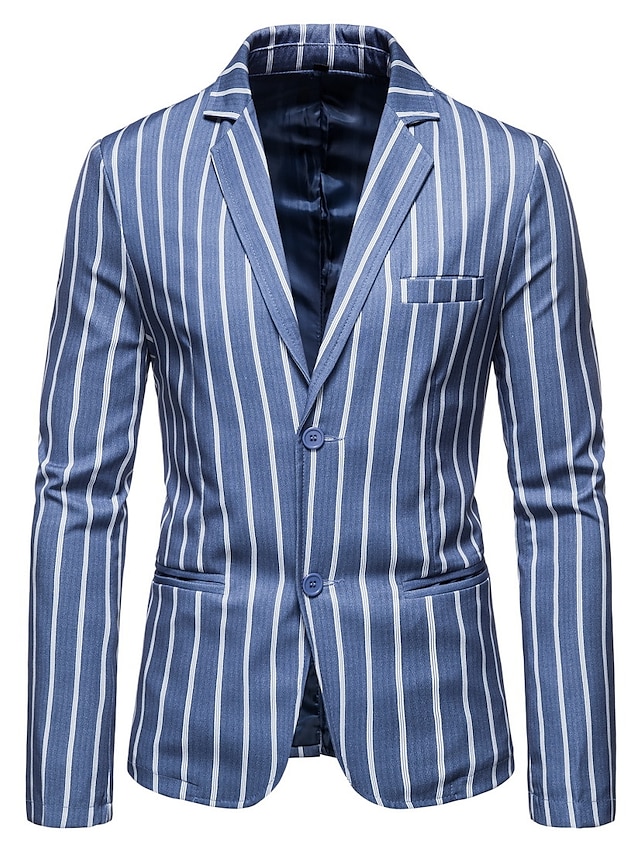  Blue Striped Regular Fit Polyester Men's Suit - Snap lapel collar